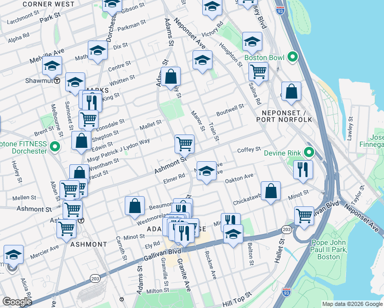 map of restaurants, bars, coffee shops, grocery stores, and more near 640 Adams Street in Boston