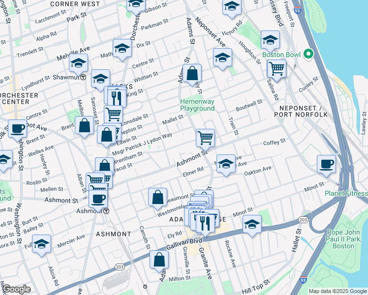 map of restaurants, bars, coffee shops, grocery stores, and more near 402 Ashmont Street in Boston