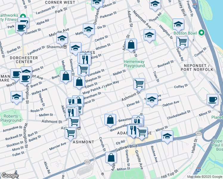 map of restaurants, bars, coffee shops, grocery stores, and more near 13 Bruce Street in Boston