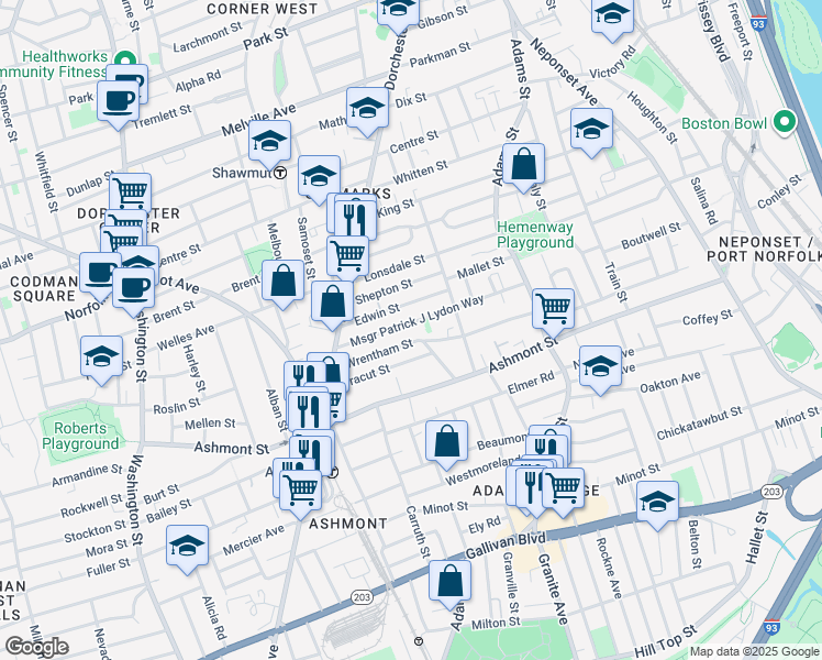 map of restaurants, bars, coffee shops, grocery stores, and more near 49 Wrentham Street in Boston