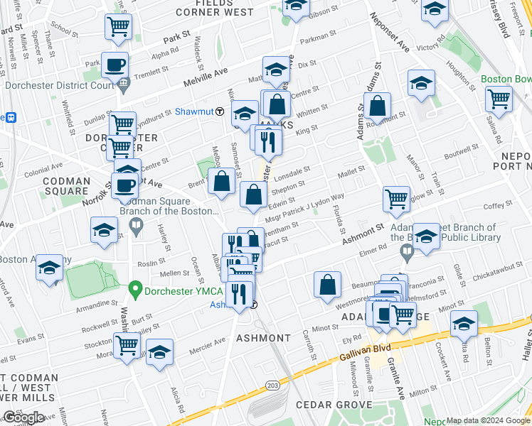 map of restaurants, bars, coffee shops, grocery stores, and more near 30 Wrentham Street in Boston