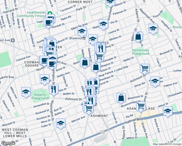 map of restaurants, bars, coffee shops, grocery stores, and more near 1847 Dorchester Avenue in Boston