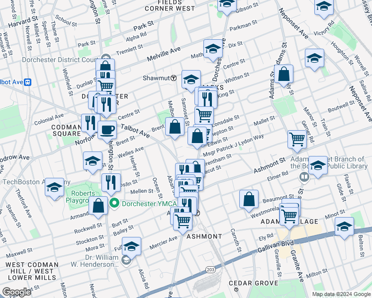 map of restaurants, bars, coffee shops, grocery stores, and more near 1847 Dorchester Avenue in Boston
