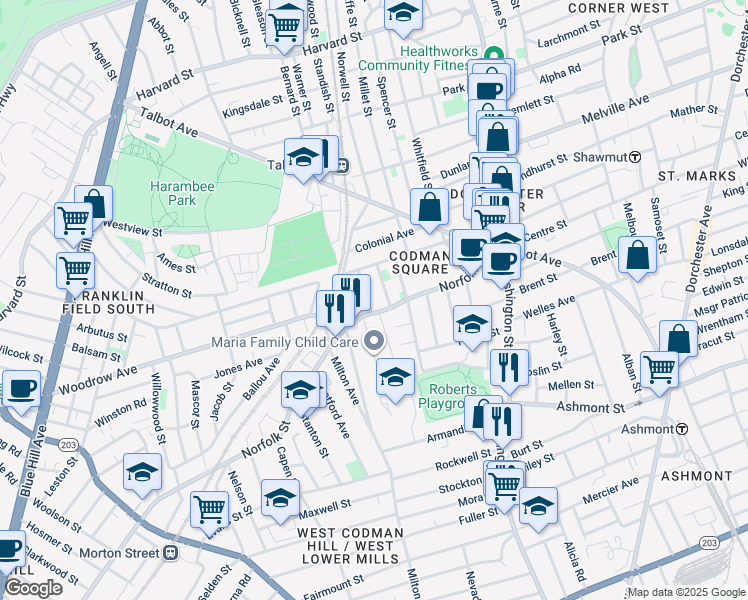 map of restaurants, bars, coffee shops, grocery stores, and more near 3 Whitman Street in Boston