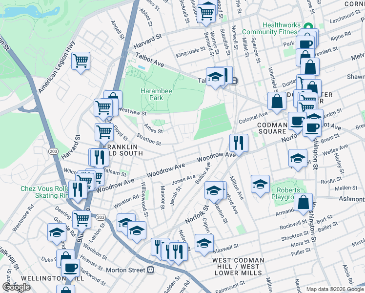 map of restaurants, bars, coffee shops, grocery stores, and more near 10 Lyford Street in Boston