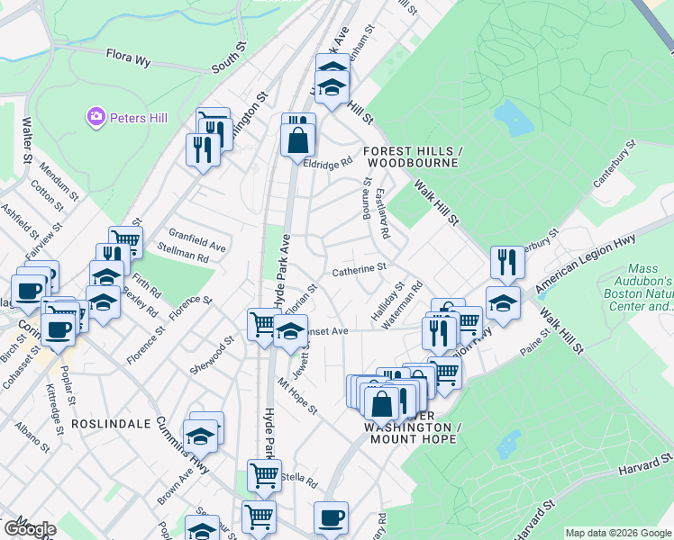 map of restaurants, bars, coffee shops, grocery stores, and more near 34 Wyvern Street in Boston