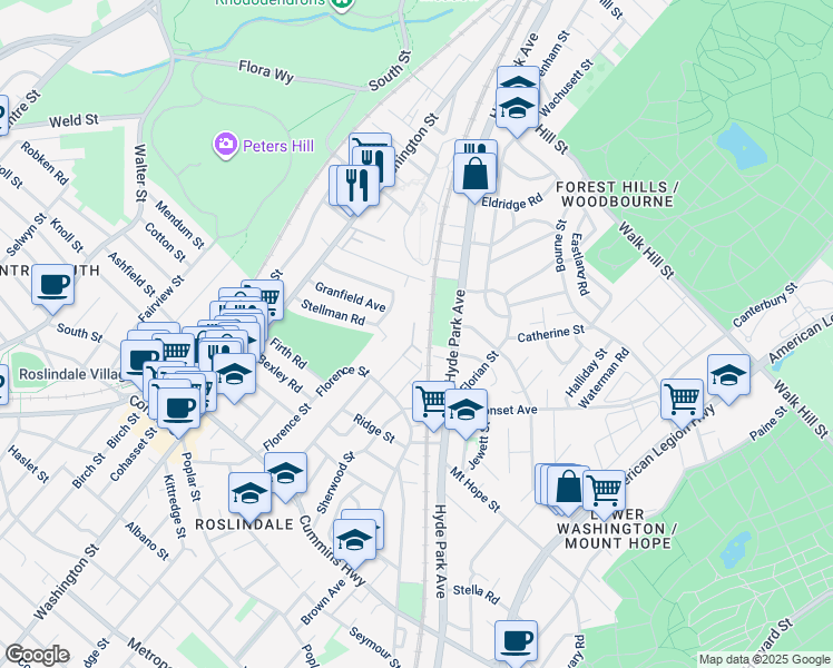 map of restaurants, bars, coffee shops, grocery stores, and more near 7 Larch Place in Boston