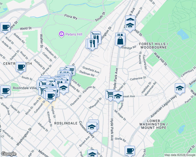 map of restaurants, bars, coffee shops, grocery stores, and more near 14 Harrison Street in Boston