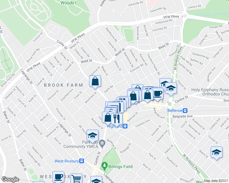 map of restaurants, bars, coffee shops, grocery stores, and more near 10 Chester Place in Boston