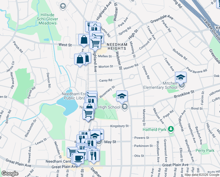 map of restaurants, bars, coffee shops, grocery stores, and more near 66 Rosemary Street in Needham