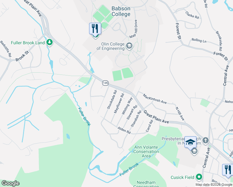 map of restaurants, bars, coffee shops, grocery stores, and more near 31 Mayflower Road in Needham