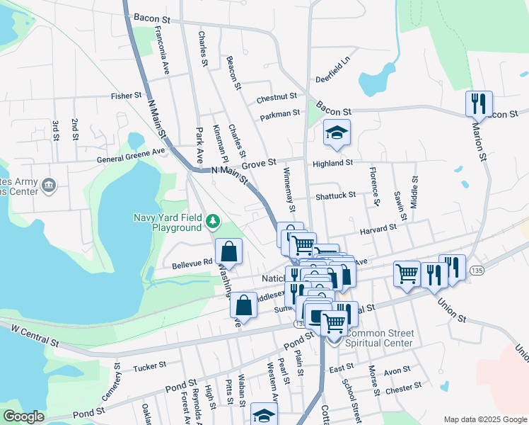 map of restaurants, bars, coffee shops, grocery stores, and more near 46 North Main Street in Natick