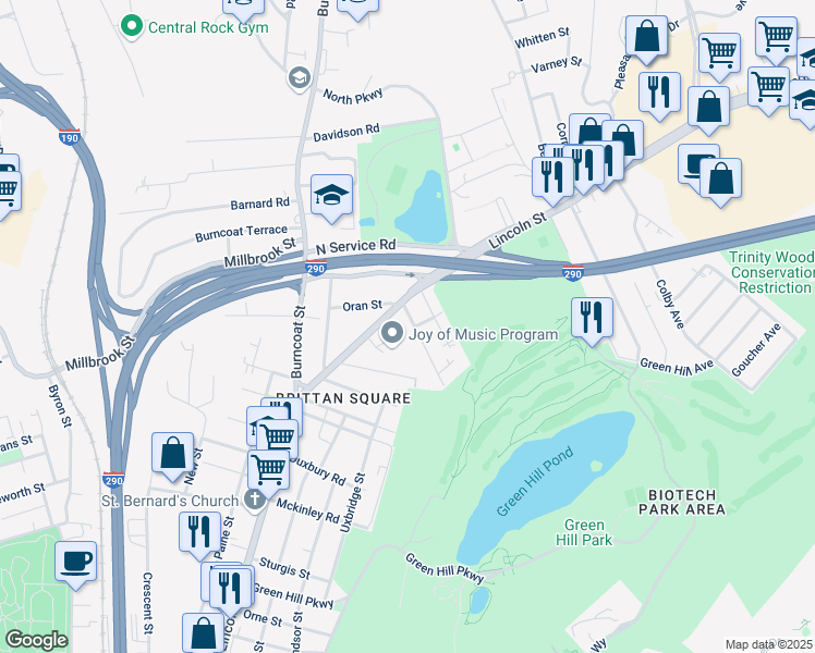 map of restaurants, bars, coffee shops, grocery stores, and more near 1 Gorham Street in Worcester