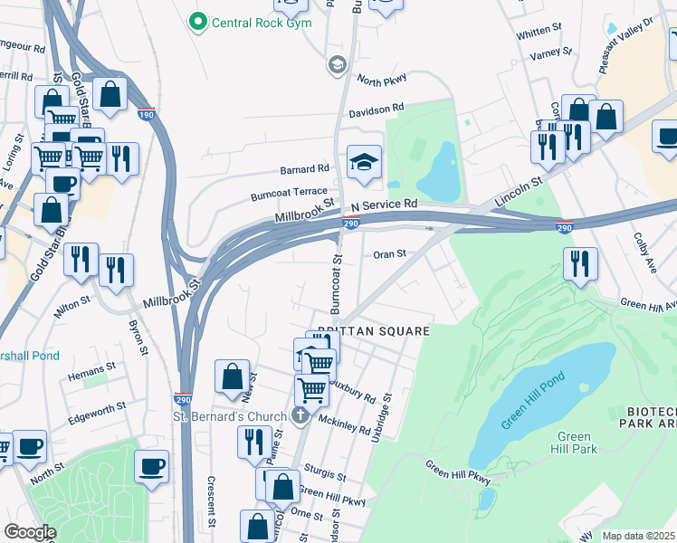 map of restaurants, bars, coffee shops, grocery stores, and more near 7 Frothingham Road in Worcester