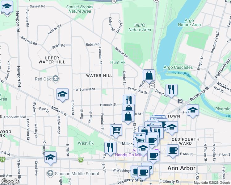 map of restaurants, bars, coffee shops, grocery stores, and more near 714 Spring Street in Ann Arbor
