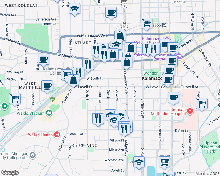 map of restaurants, bars, coffee shops, grocery stores, and more near 424 Pearl Street in Kalamazoo