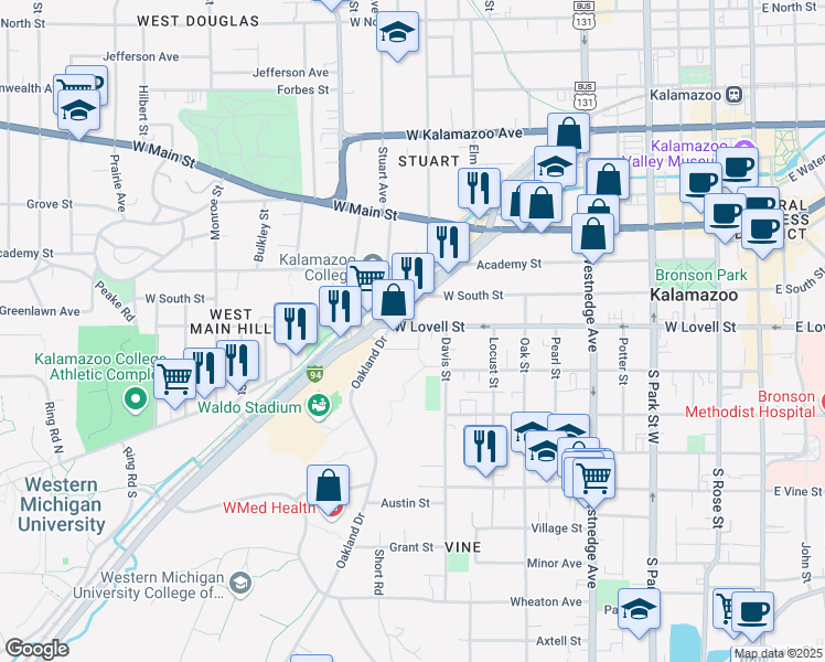 map of restaurants, bars, coffee shops, grocery stores, and more near in Kalamazoo