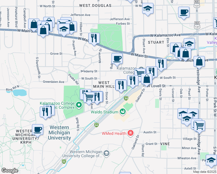 map of restaurants, bars, coffee shops, grocery stores, and more near 421 Monroe Street in Kalamazoo