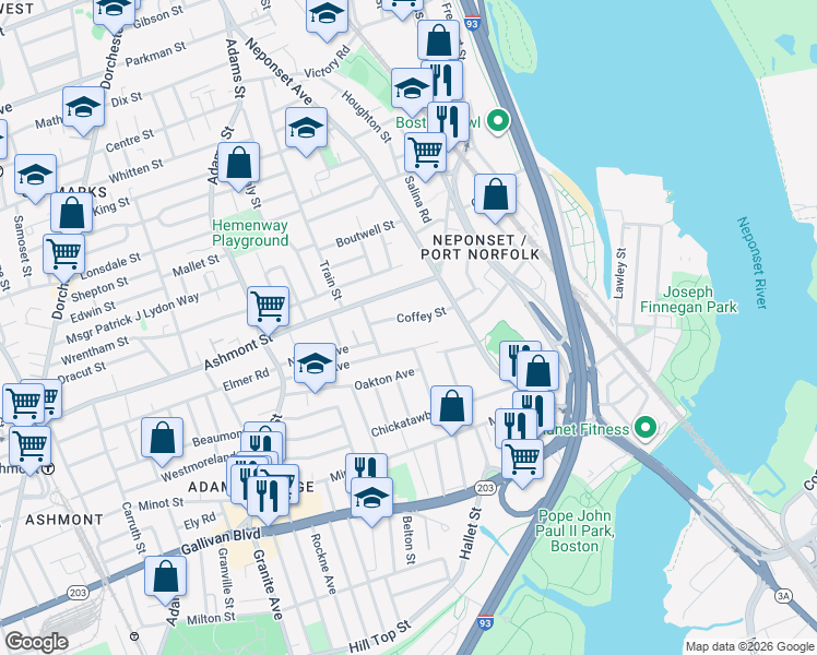 map of restaurants, bars, coffee shops, grocery stores, and more near 45 Plain Street in Boston