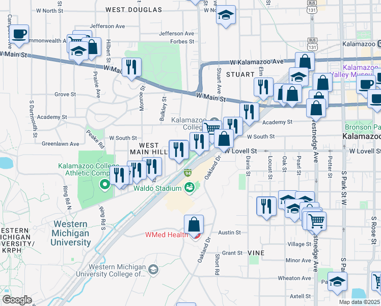 map of restaurants, bars, coffee shops, grocery stores, and more near 1147 West Lovell Street in Kalamazoo