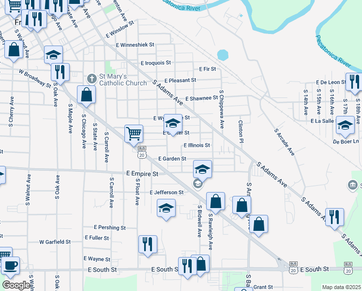 map of restaurants, bars, coffee shops, grocery stores, and more near 718 East Illinois Street in Freeport