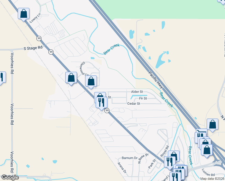 map of restaurants, bars, coffee shops, grocery stores, and more near 3555 South Pacific Highway in Medford