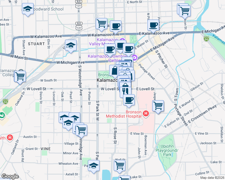 map of restaurants, bars, coffee shops, grocery stores, and more near 400 South Rose Street in Kalamazoo