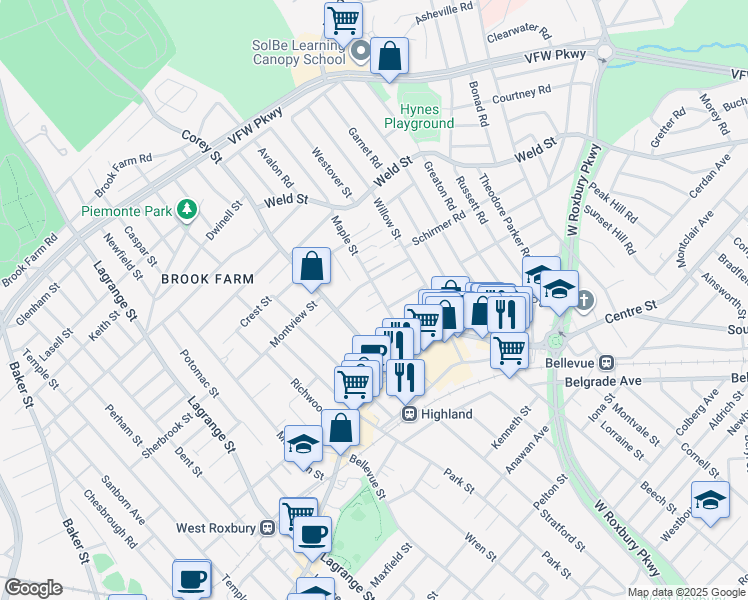 map of restaurants, bars, coffee shops, grocery stores, and more near 62 Maple Street in Boston