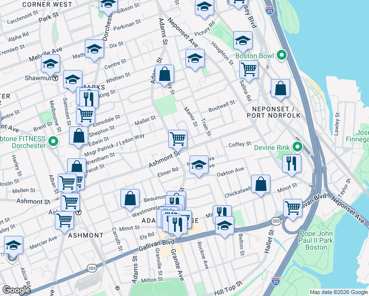 map of restaurants, bars, coffee shops, grocery stores, and more near 640 Adams Street in Boston