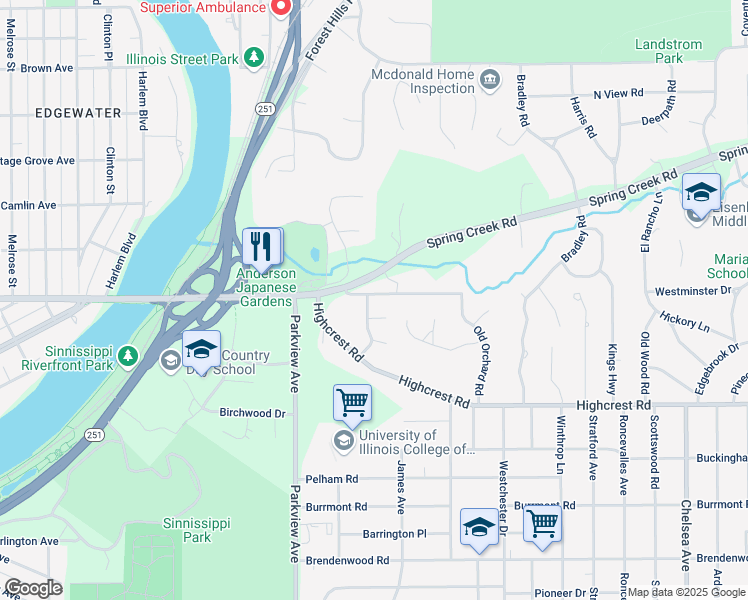 map of restaurants, bars, coffee shops, grocery stores, and more near 2517 Whitehall Circle in Rockford