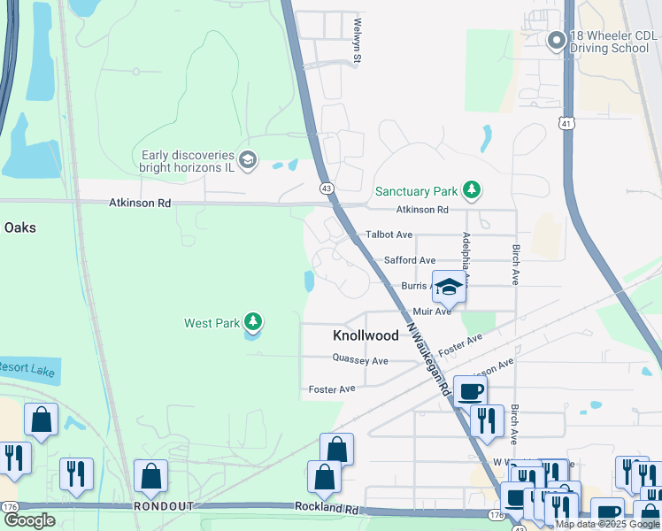 map of restaurants, bars, coffee shops, grocery stores, and more near 29330 North Waukegan Road in Lake Bluff