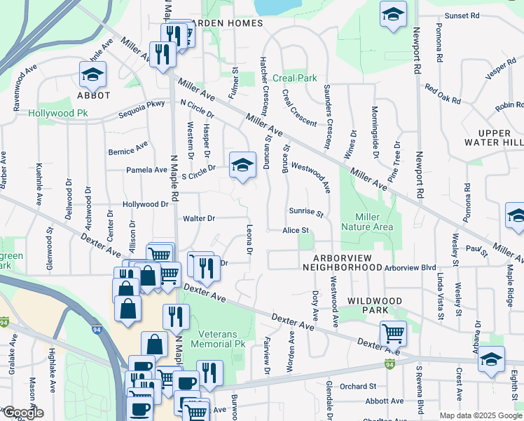 map of restaurants, bars, coffee shops, grocery stores, and more near 607 Duncan Street in Ann Arbor