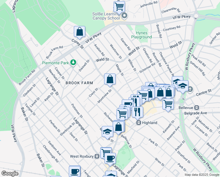 map of restaurants, bars, coffee shops, grocery stores, and more near 20 Montview Street in Boston