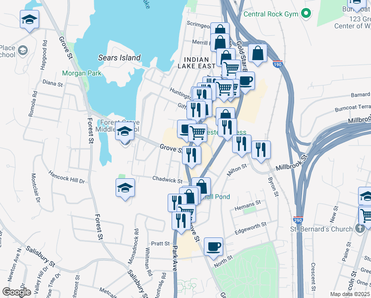 map of restaurants, bars, coffee shops, grocery stores, and more near 419 Grove Street in Worcester