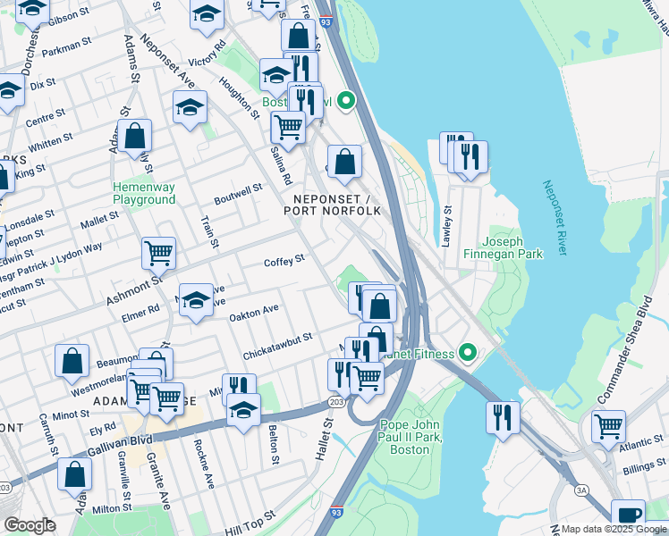map of restaurants, bars, coffee shops, grocery stores, and more near 340 Neponset Avenue in Boston