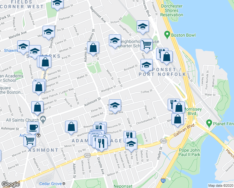 map of restaurants, bars, coffee shops, grocery stores, and more near 24 Nahant Avenue in Boston