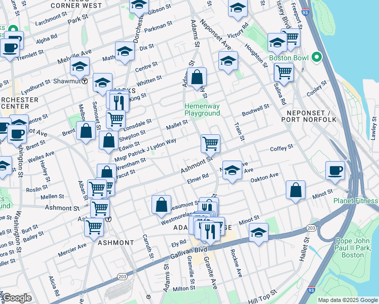 map of restaurants, bars, coffee shops, grocery stores, and more near 402 Ashmont Street in Boston