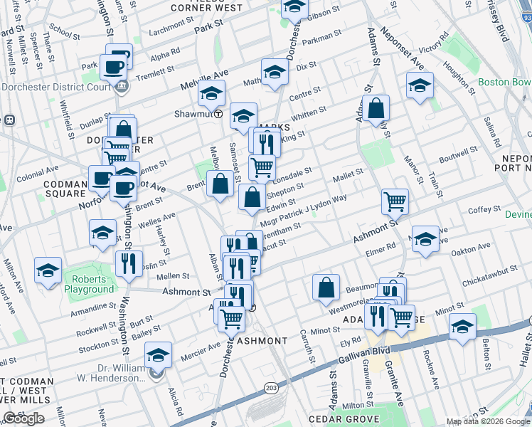 map of restaurants, bars, coffee shops, grocery stores, and more near 30 Wrentham Street in Boston