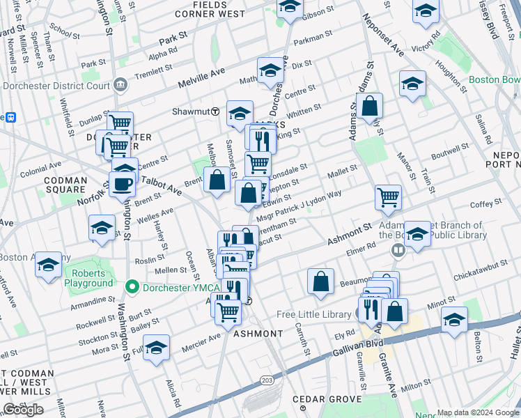 map of restaurants, bars, coffee shops, grocery stores, and more near 30 Wrentham Street in Boston