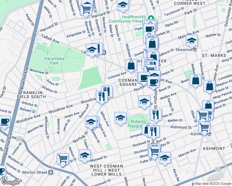 map of restaurants, bars, coffee shops, grocery stores, and more near 9 Claridge Terrace in Boston