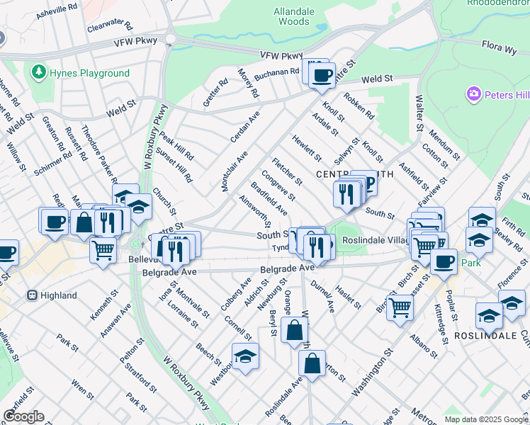 map of restaurants, bars, coffee shops, grocery stores, and more near 1003 South Street in Boston