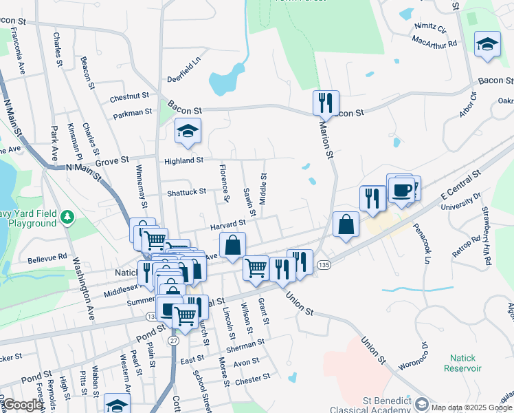 map of restaurants, bars, coffee shops, grocery stores, and more near 41 Harvard Street in Natick