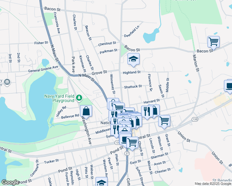 map of restaurants, bars, coffee shops, grocery stores, and more near 4 Winnemay Street in Natick