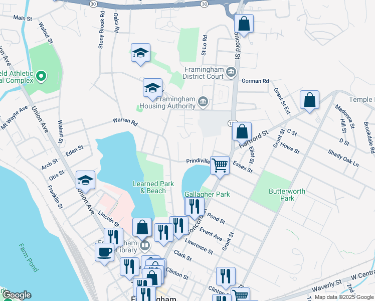 map of restaurants, bars, coffee shops, grocery stores, and more near 19 Prindiville Avenue in Framingham