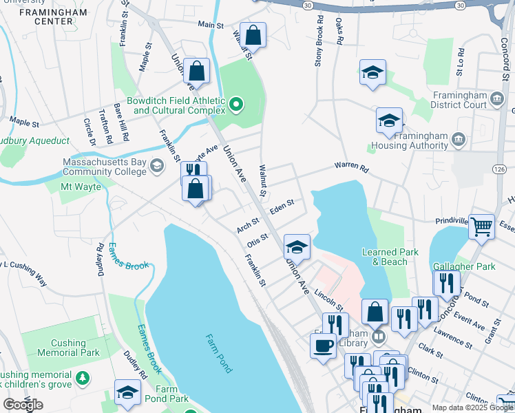 map of restaurants, bars, coffee shops, grocery stores, and more near 344 Union Avenue in Framingham