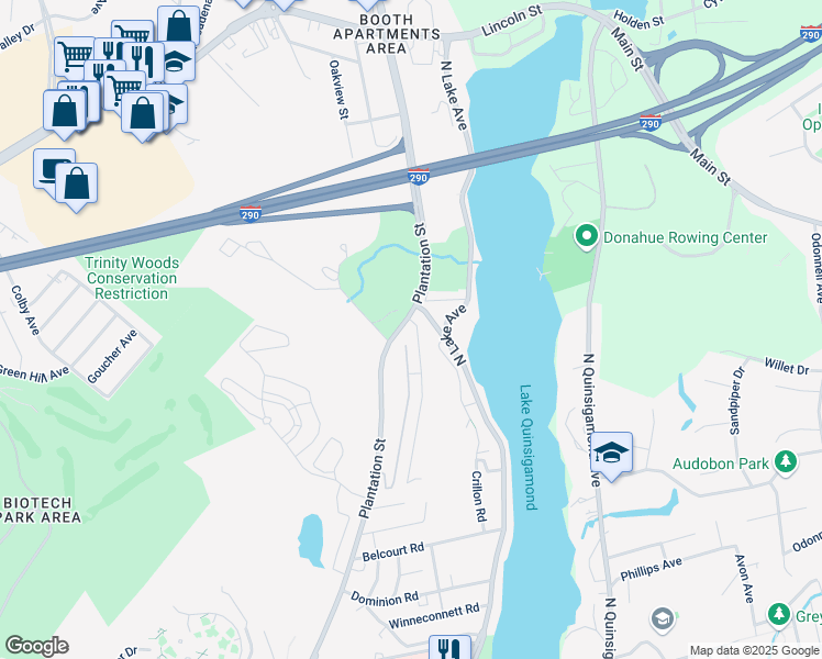 map of restaurants, bars, coffee shops, grocery stores, and more near 510 Plantation Street in Worcester