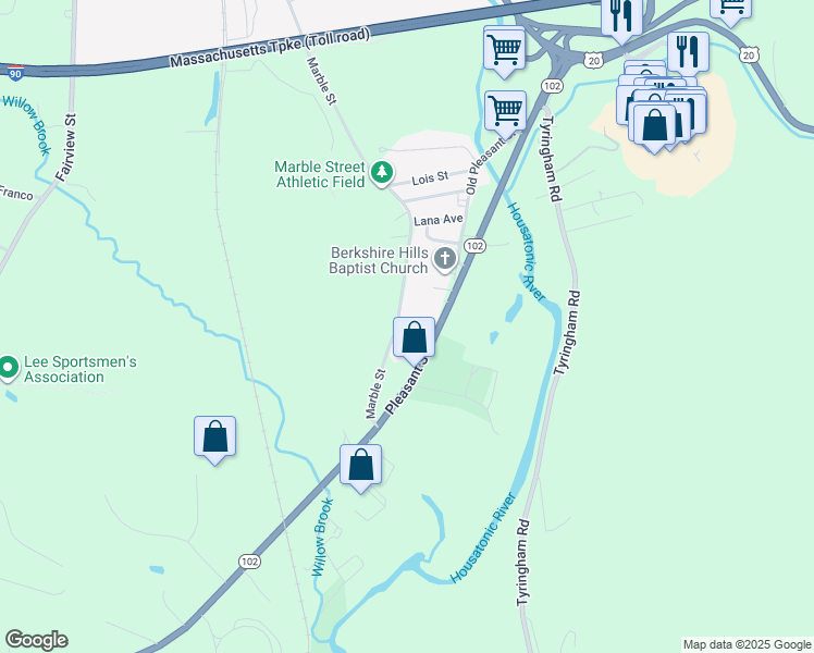 map of restaurants, bars, coffee shops, grocery stores, and more near 495-683 Marble Street in Lee