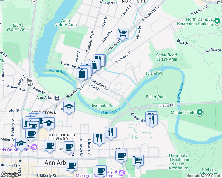 map of restaurants, bars, coffee shops, grocery stores, and more near 944 Wall Street in Ann Arbor