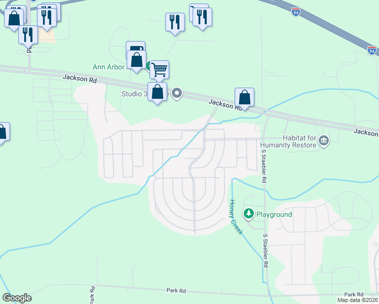 map of restaurants, bars, coffee shops, grocery stores, and more near 1112 Sycamore Lane in Ann Arbor
