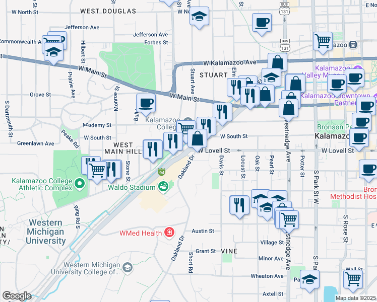 map of restaurants, bars, coffee shops, grocery stores, and more near 951 Bellevue Place in Kalamazoo